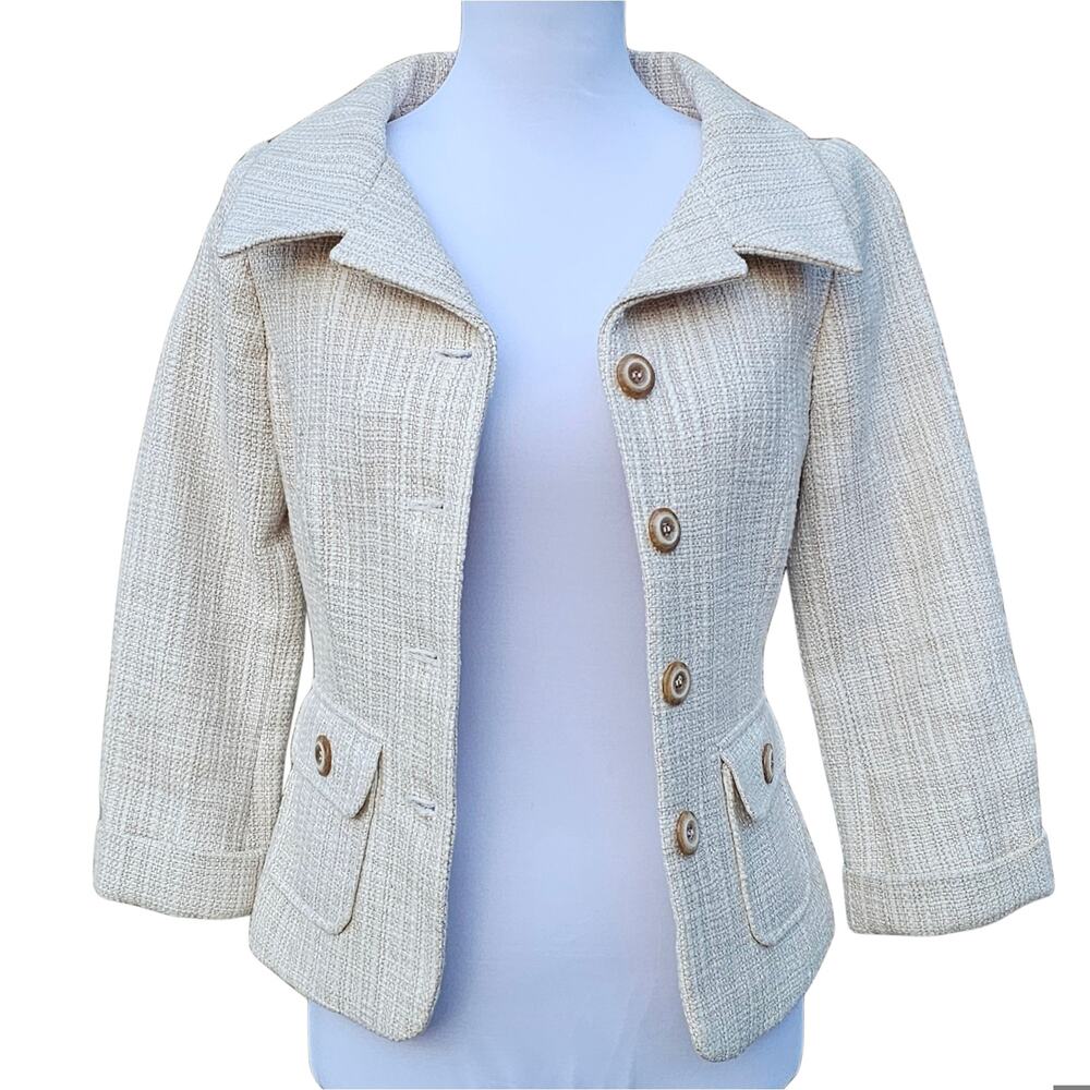 WHBM Tweed Jacket Size 0 Button Front 3/4 Sleeve Beige Blazer White House Black